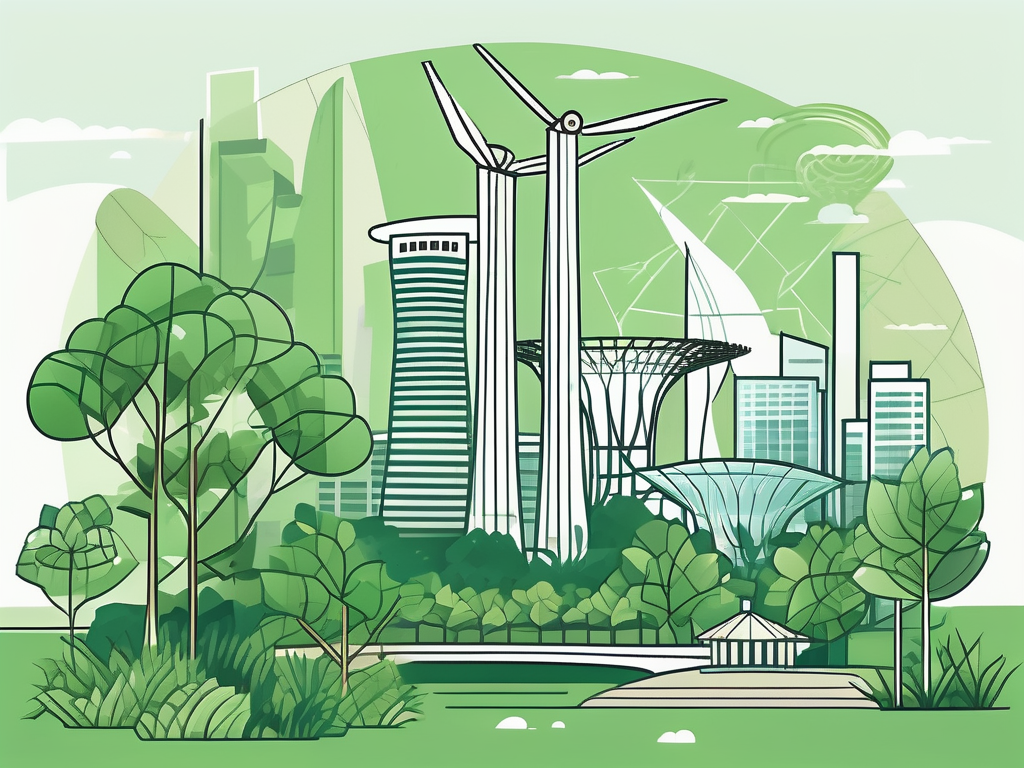 A lush green landscape featuring iconic singapore landmarks like marina bay sands and gardens by the bay