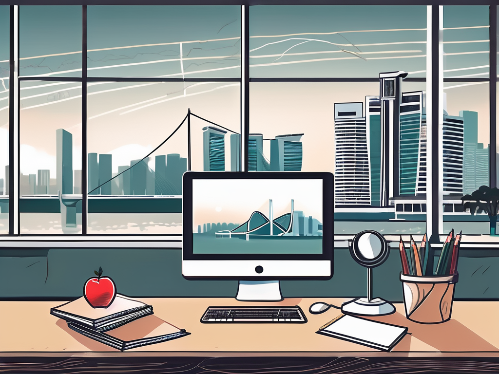 A classroom setting with a teacher's desk