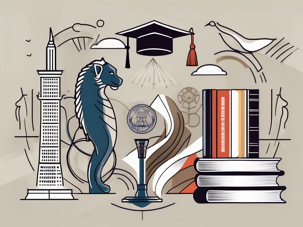 Various symbolic elements representing singapore (like the merlion or marina bay sands) intertwined with educational symbols (like books
