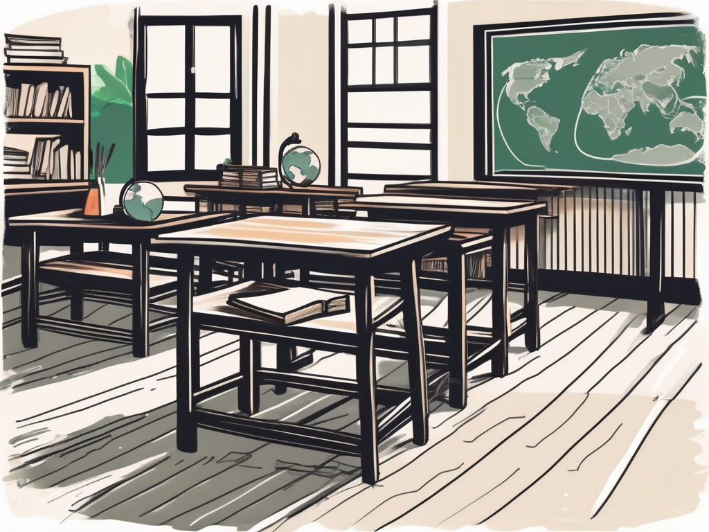 A classroom setting in vietnam with teaching materials like books