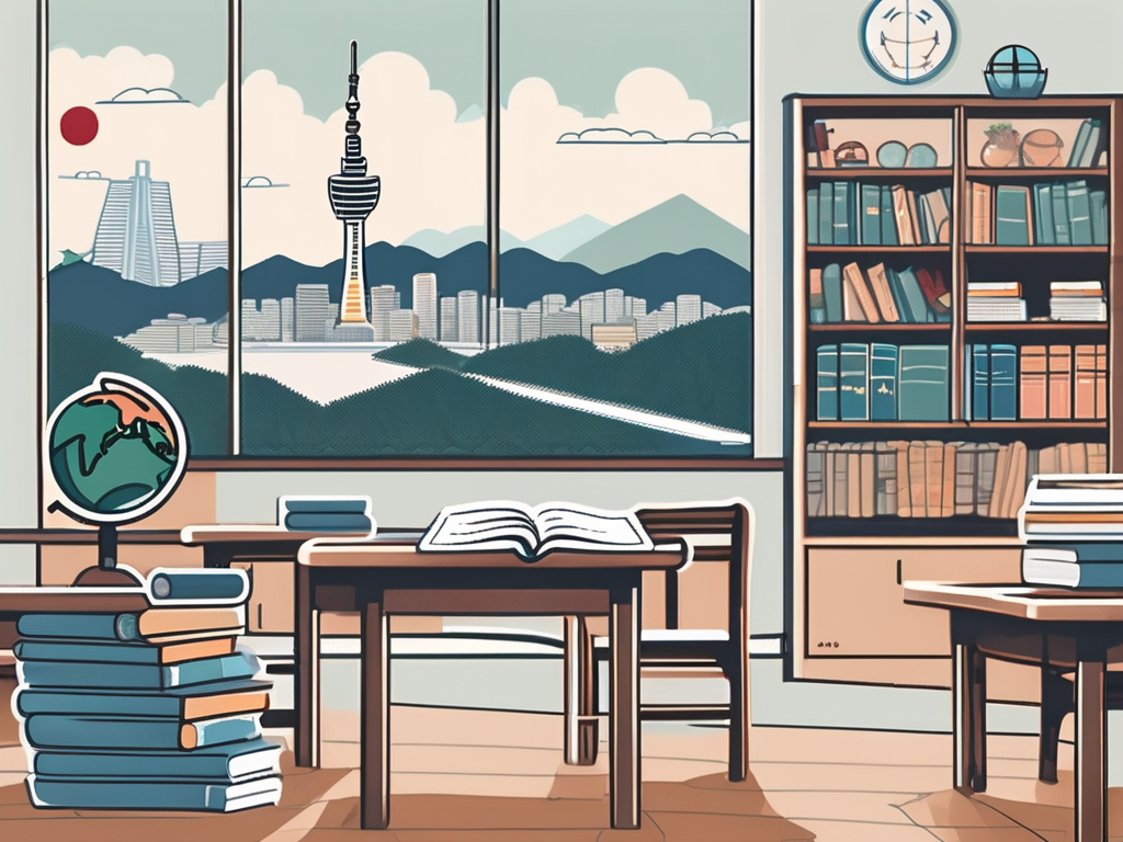 A classroom setting with various education-related symbols such as textbooks