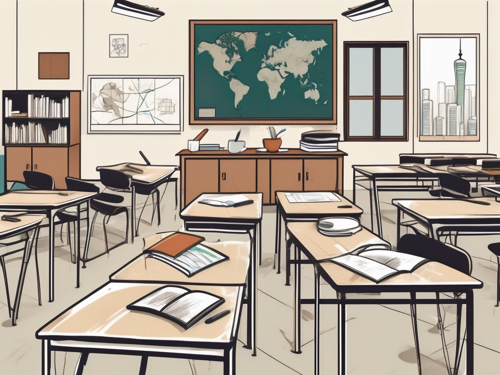 A classroom with various cultural symbols from around the world scattered around