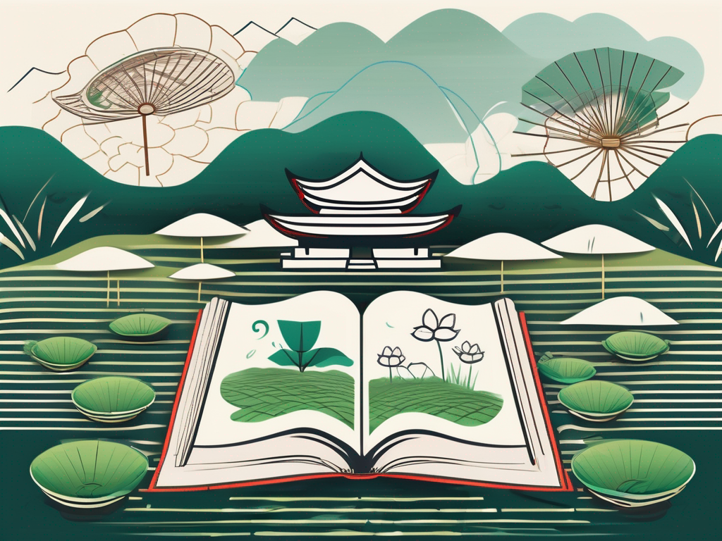 An open book surrounded by iconic vietnamese symbols like a lotus flower
