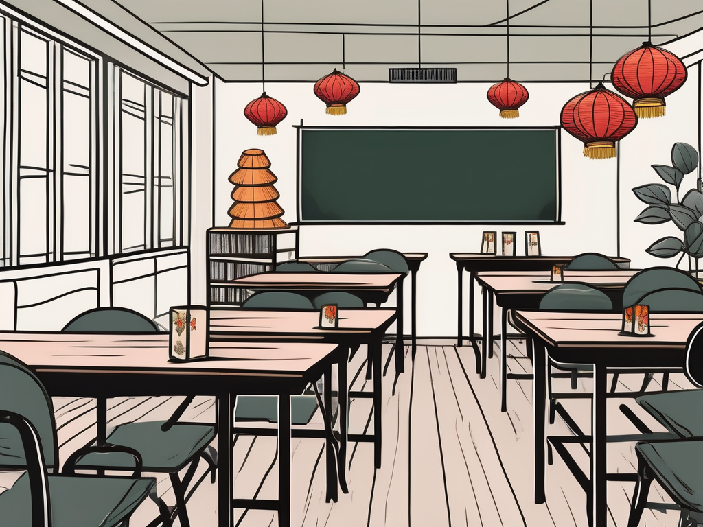 A classroom setting with empty desks