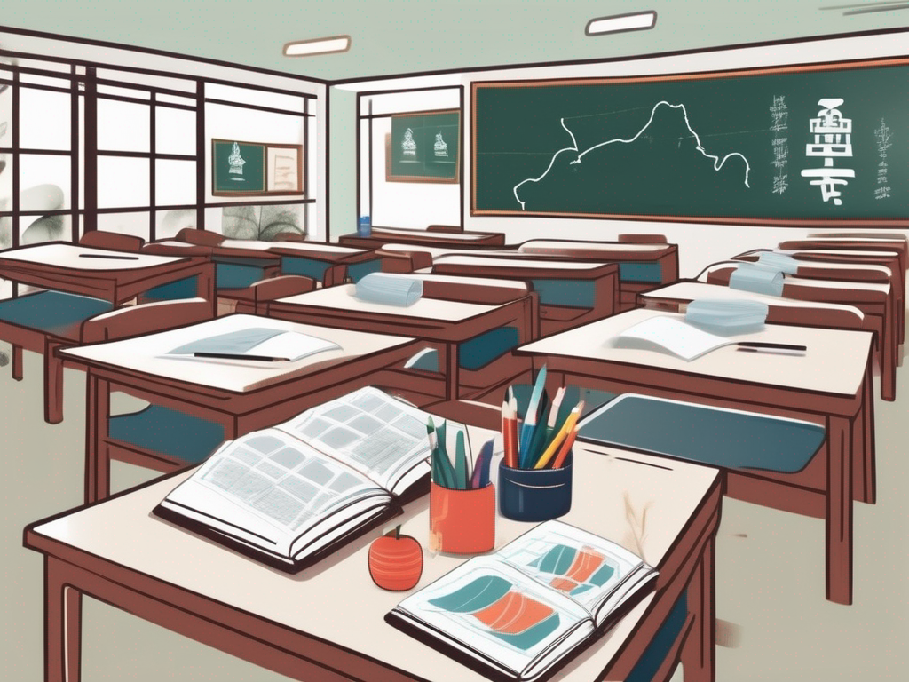 A classroom setting with english teaching materials on a desk