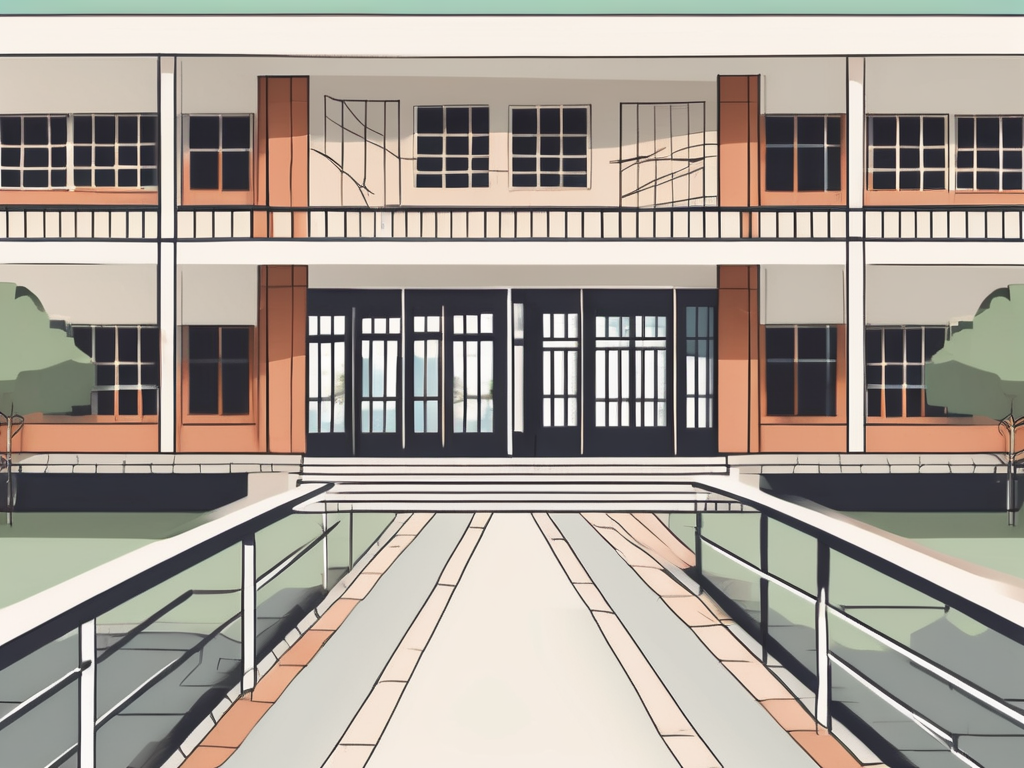 A school building with a split facade showcasing two distinct cultures