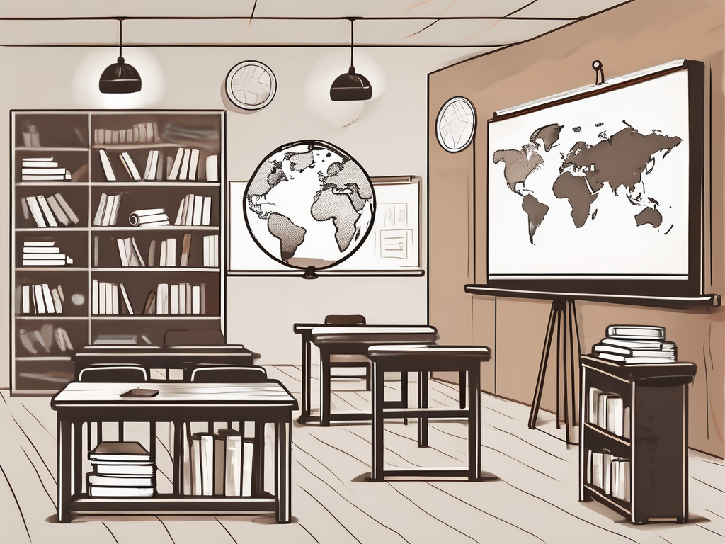 A classroom setting with diverse educational tools such as books