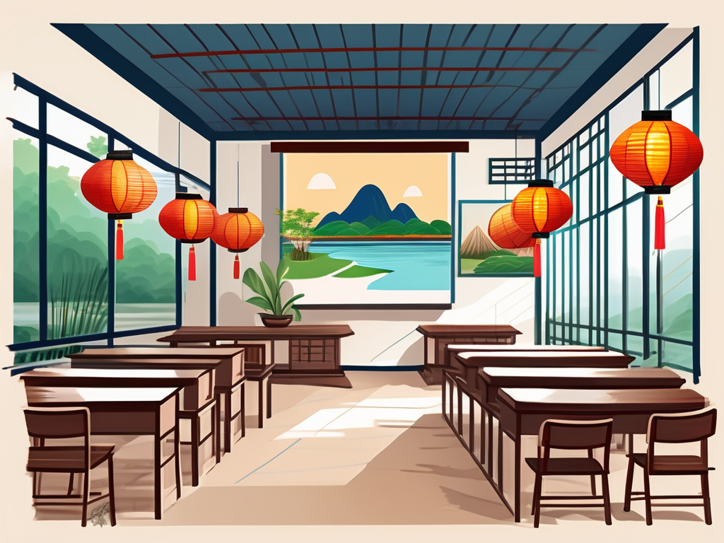 A vibrant vietnamese classroom setting with an array of teaching materials and cultural elements such as traditional lanterns