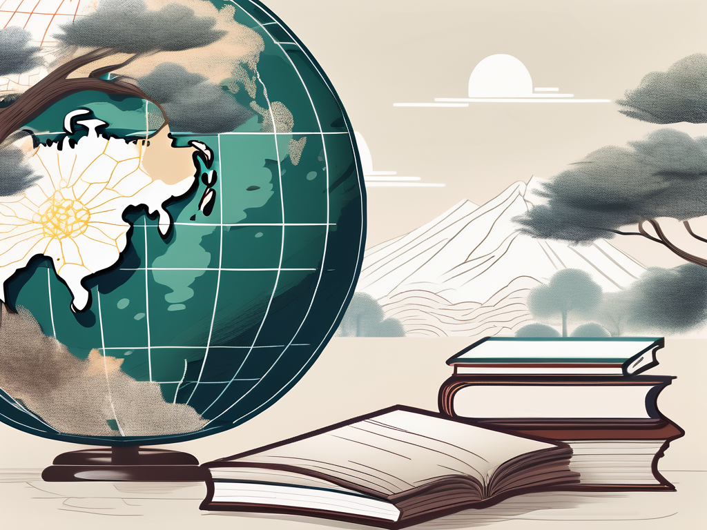 A scenic vietnamese landscape with elements of a classroom like a globe