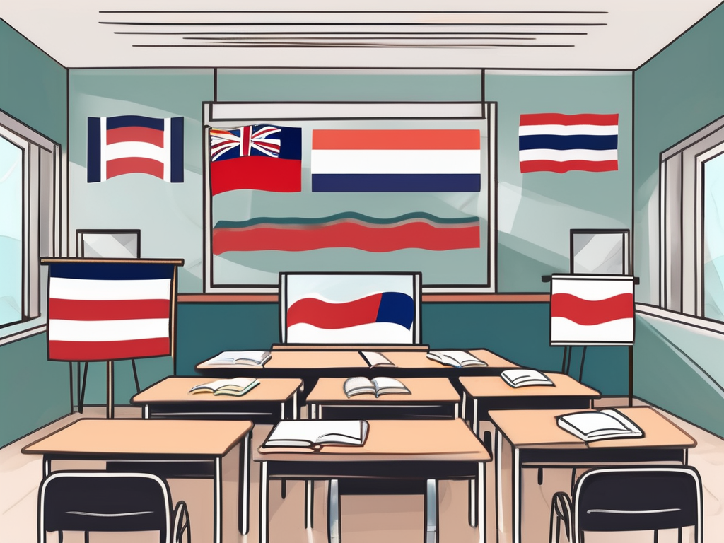 A classroom with two flags (representing the languages being taught)