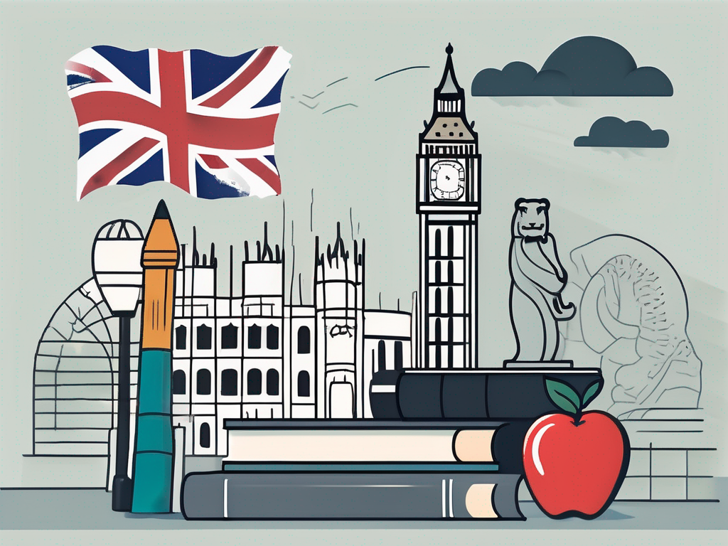 A classroom setting with iconic symbols from singapore and the uk