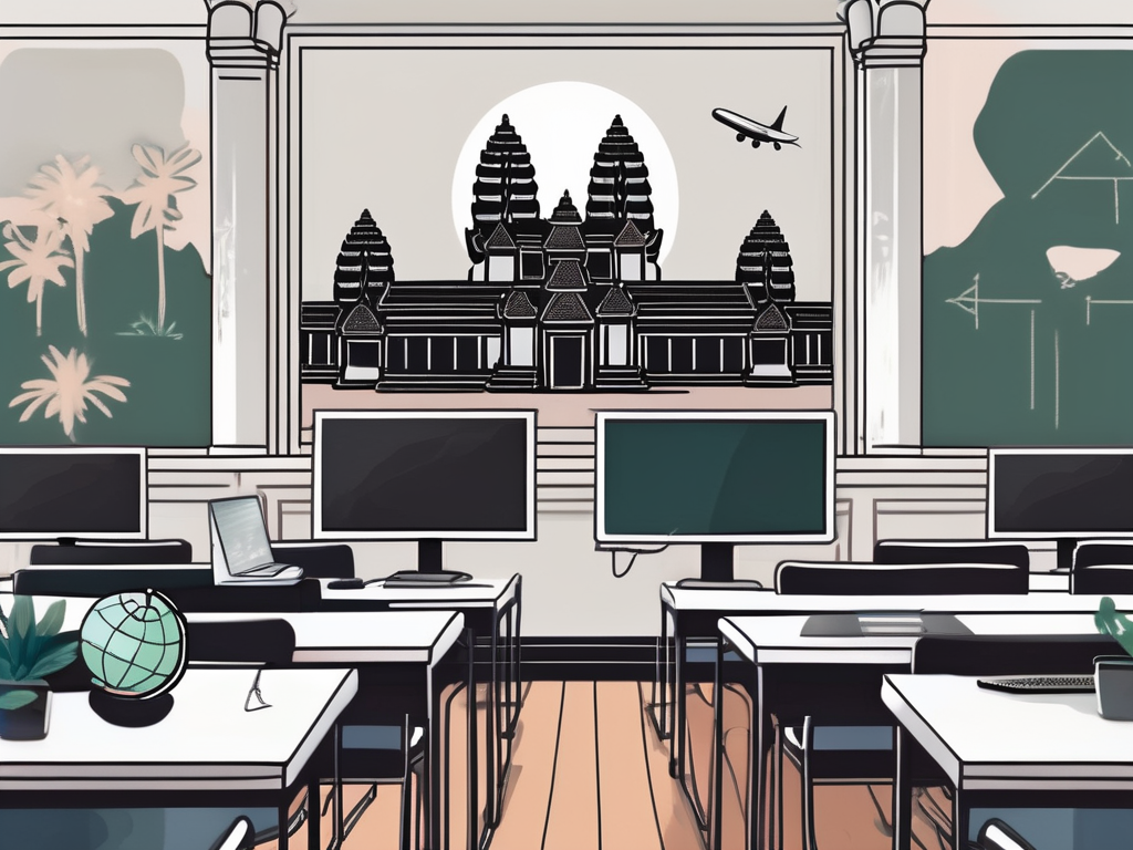 A classroom setting with a blackboard