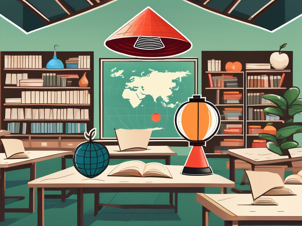 A classroom setting with iconic vietnamese elements