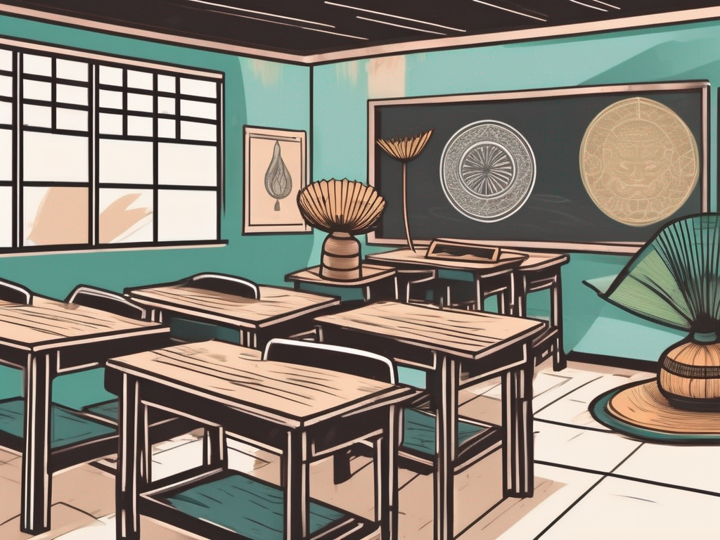 A classroom setting in vietnam with a chalkboard