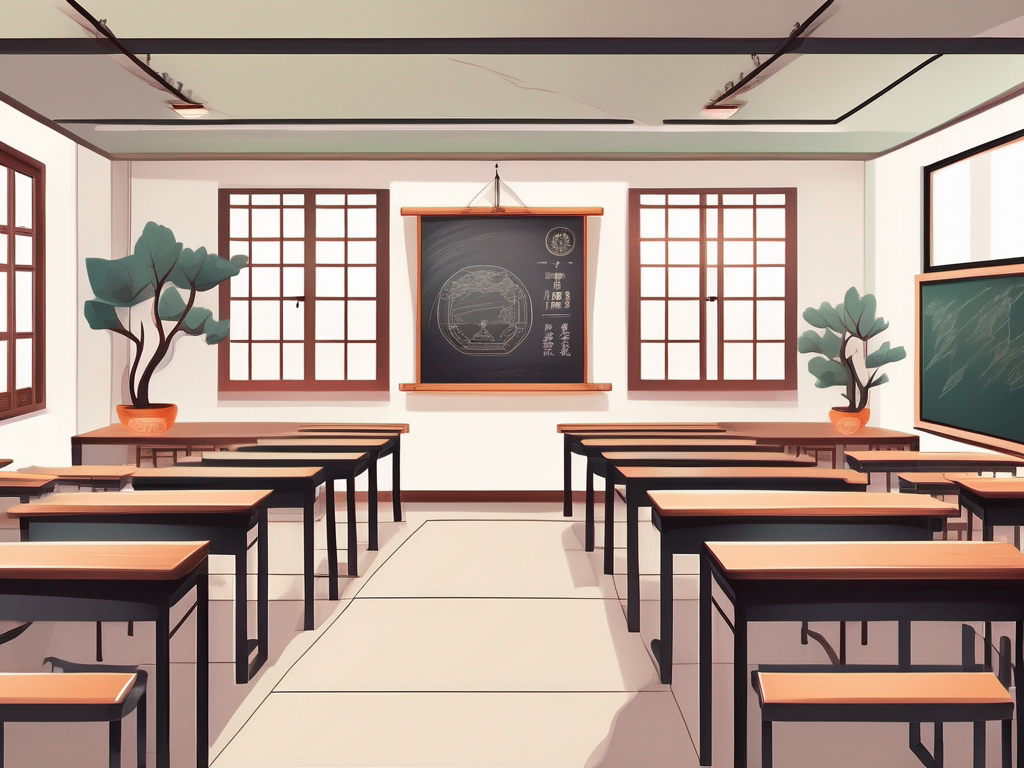A classroom setting with a chalkboard