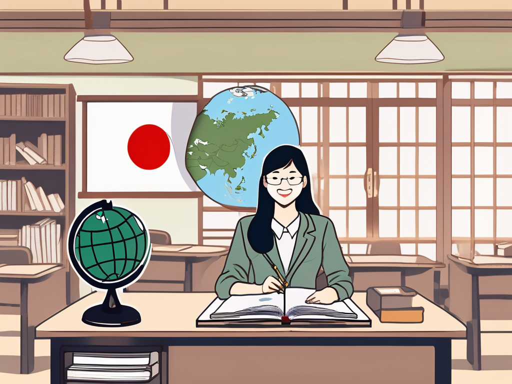 A classroom setting in japan with an english textbook on a teacher's desk