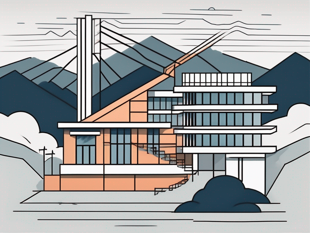 A school building with a few obstacles such as a broken bridge