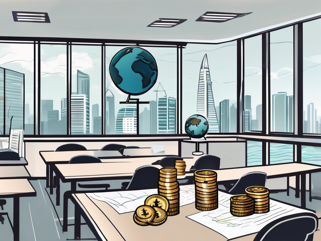 A classroom setting with a view of singapore skyline in the background