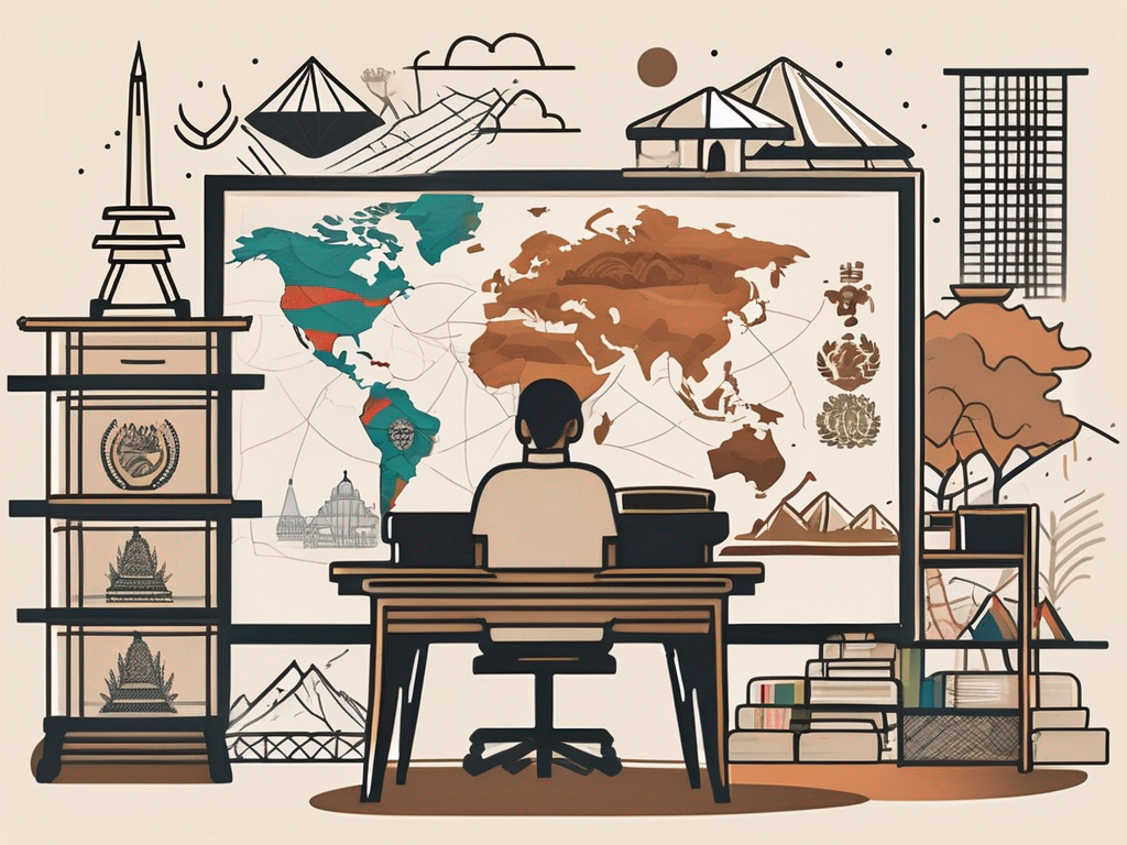 A classroom setting with various cultural symbols from around the world scattered throughout