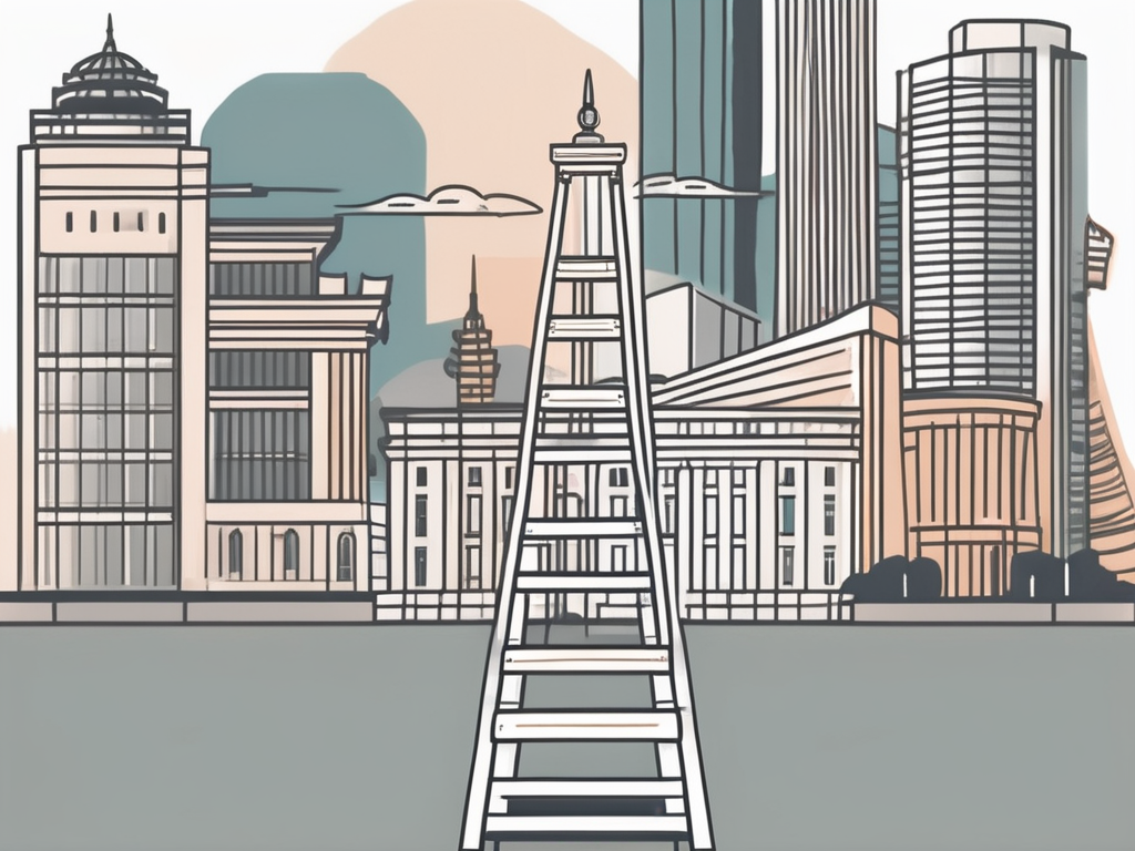 A ladder ascending against a backdrop of iconic singaporean landmarks
