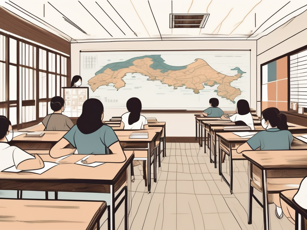 A classroom setting filled with diverse educational materials and taiwanese landmarks