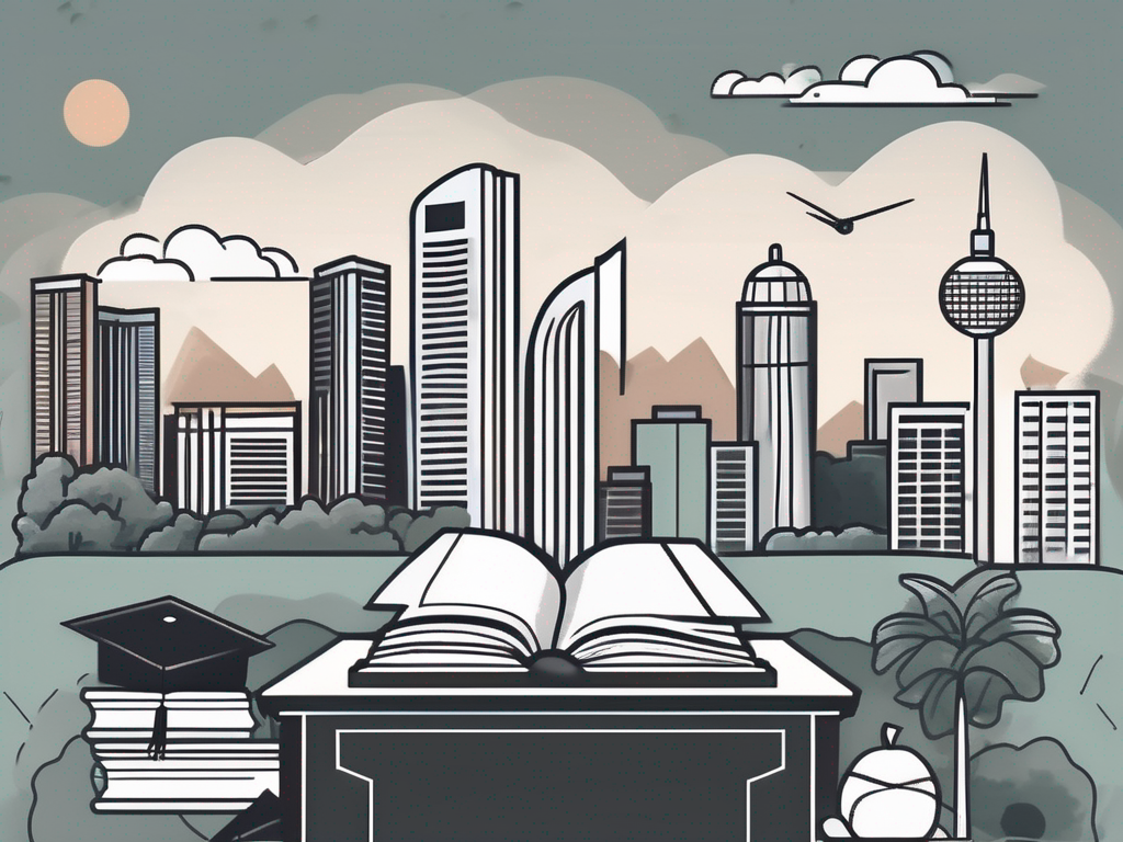 A classroom setting with iconic singapore landmarks in the background