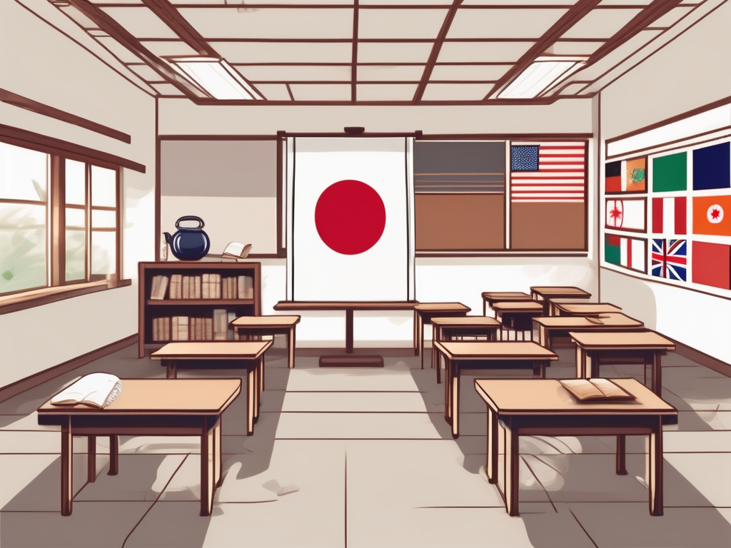 A classroom with diverse cultural symbols such as flags