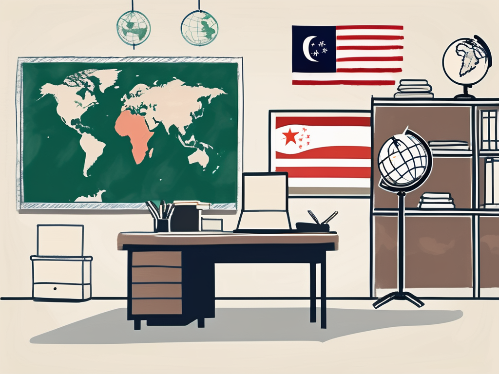 A classroom setting with a desk