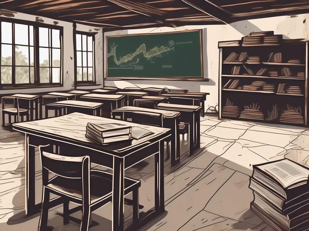 A rustic classroom setting with worn-out desks and chairs