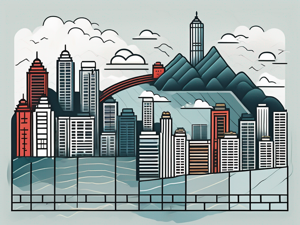 Hong kong's iconic skyline with symbolic barriers like a locked gate