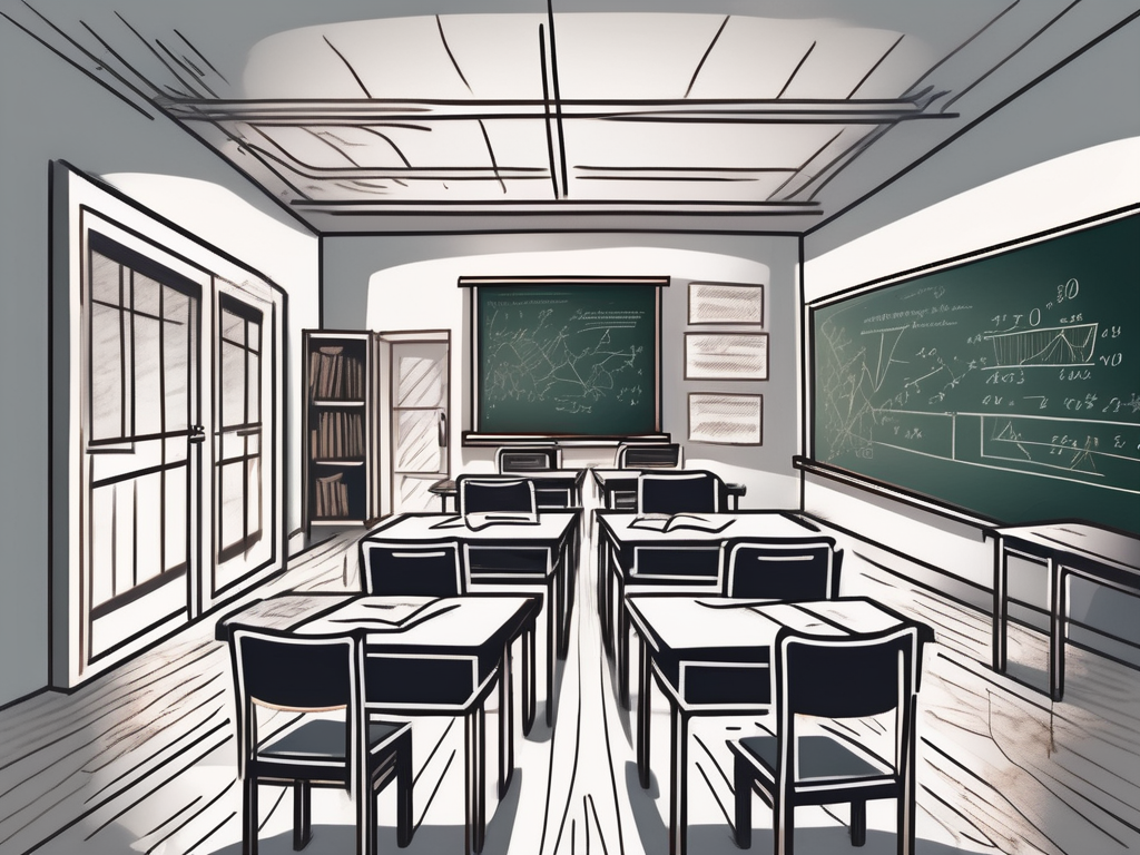 A classroom with desks and chairs arranged in a disarray