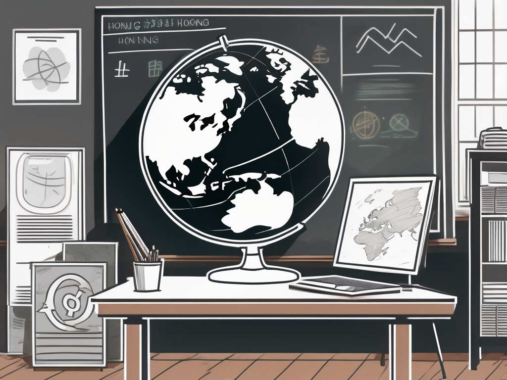 A classroom setting with a globe highlighting hong kong