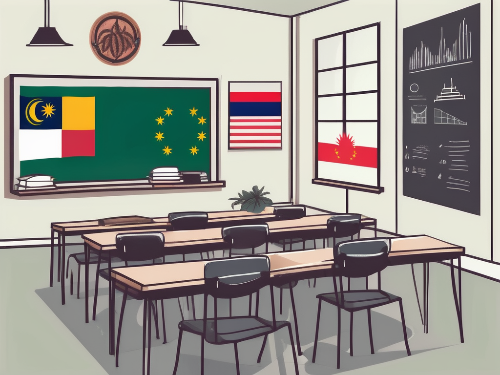 A classroom setting with various international flags