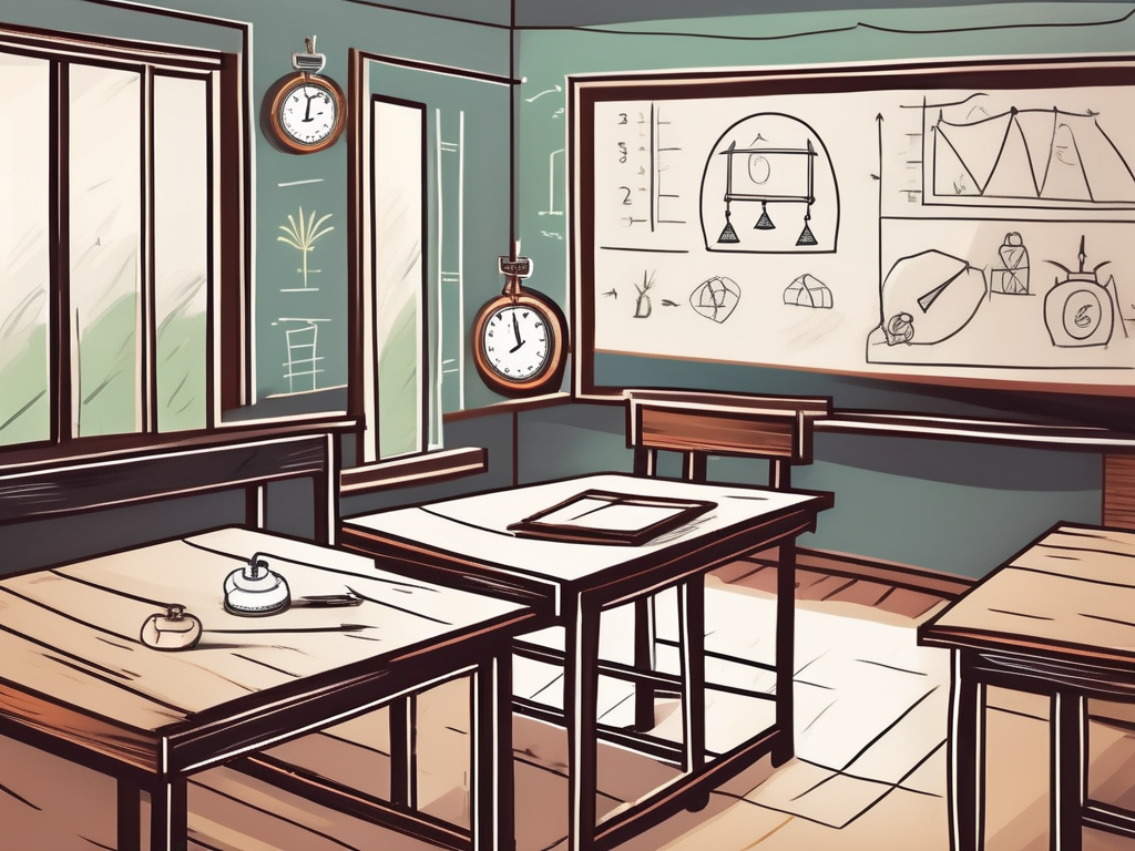 A traditional cambodian classroom setting with various symbols like a bell