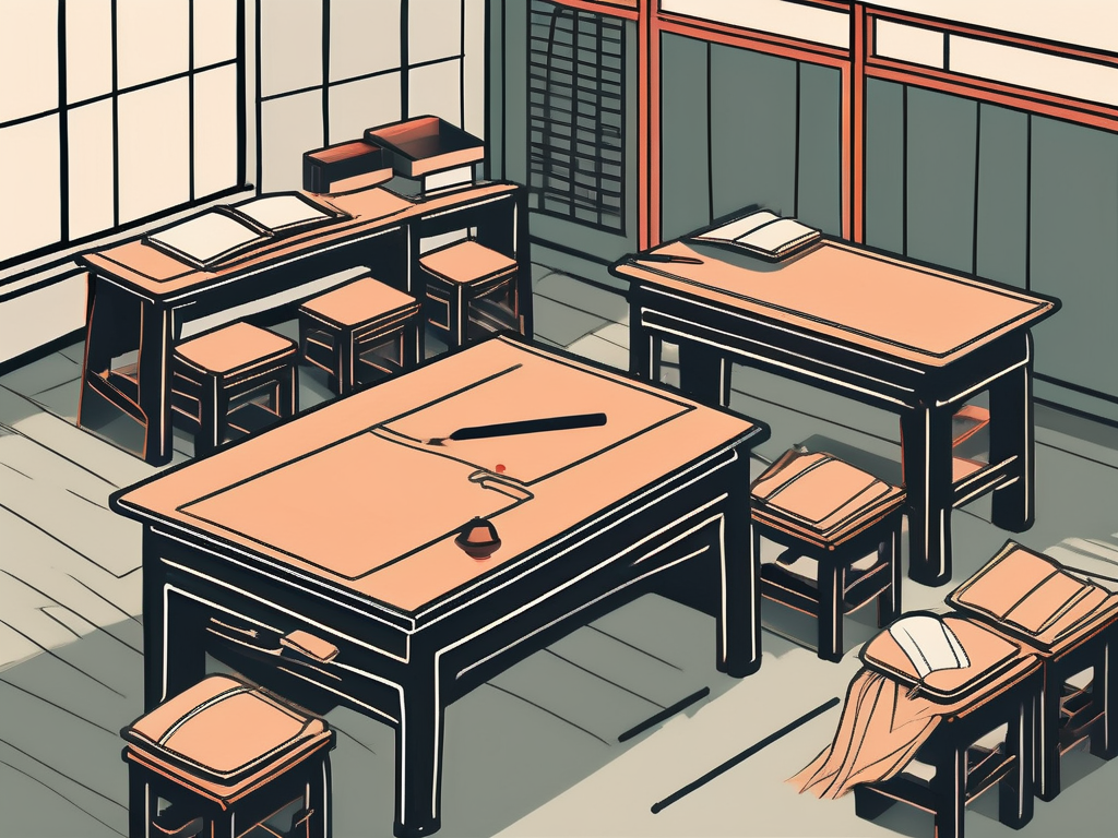 A traditional chinese classroom setting with various educational tools neatly arranged