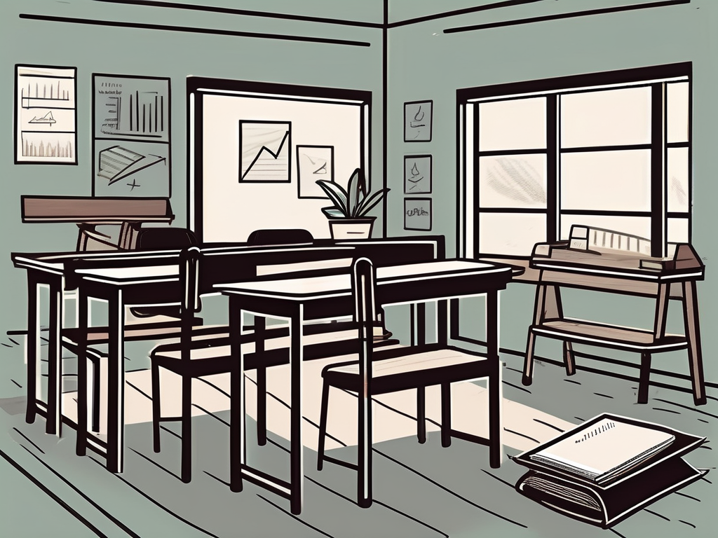 A traditional indonesian classroom setting with various educational tools and symbols like a chalkboard