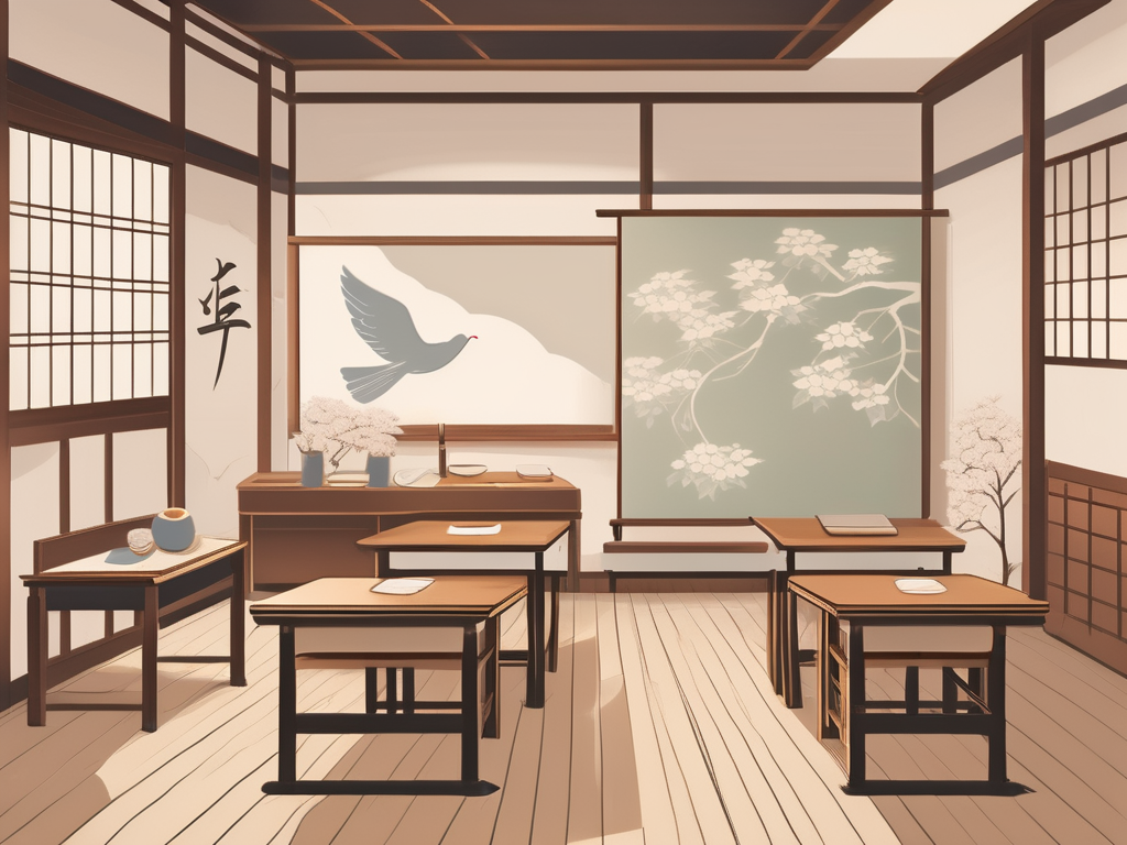 A traditional japanese classroom setting with visible elements like desks