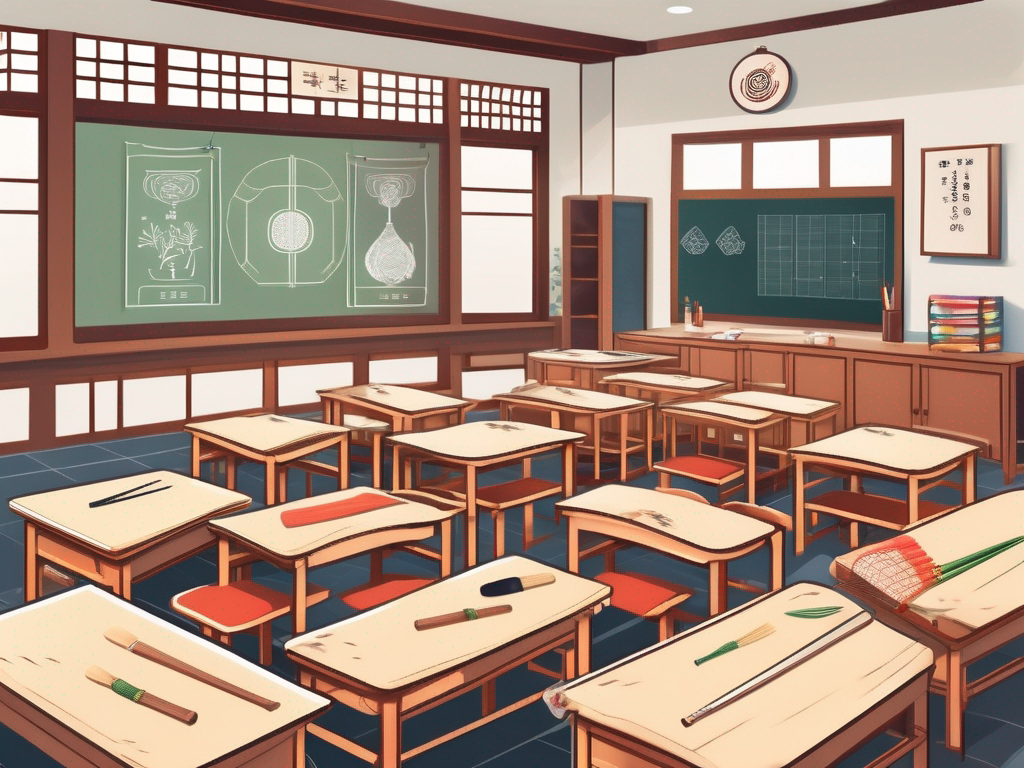A well-organized classroom with traditional korean elements and symbols