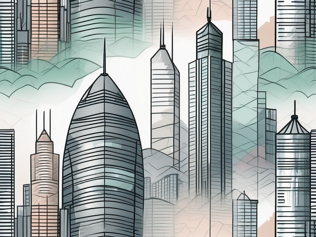 The hong kong skyline with three distinct skyscrapers