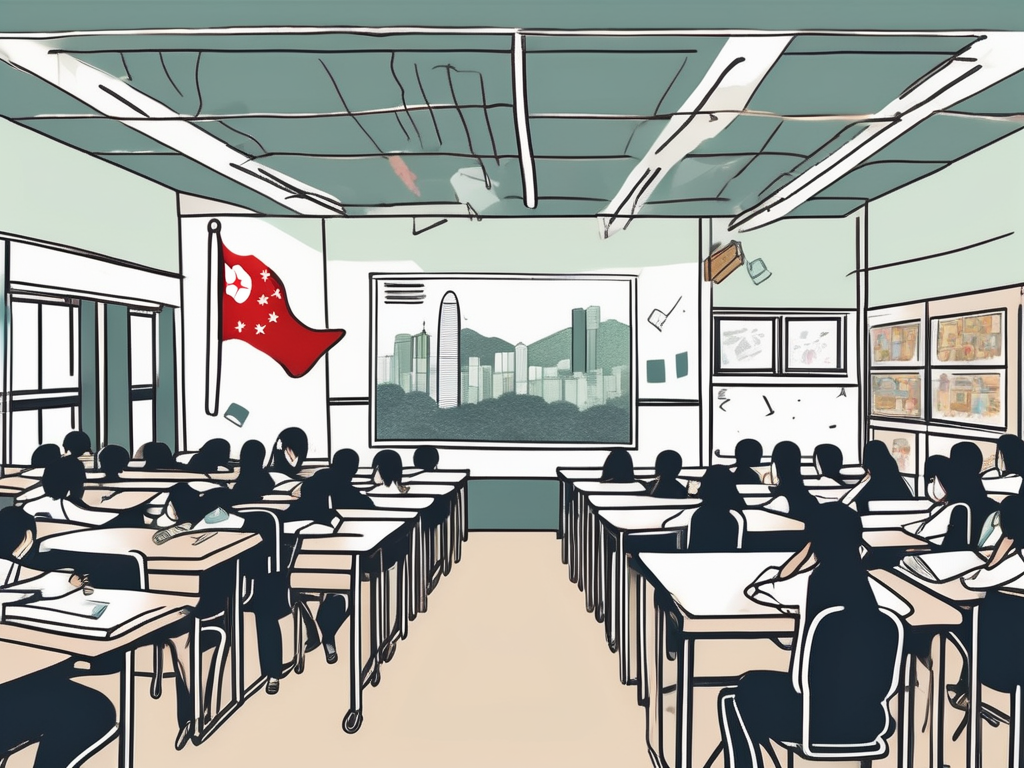 A school building with a flag of hong kong