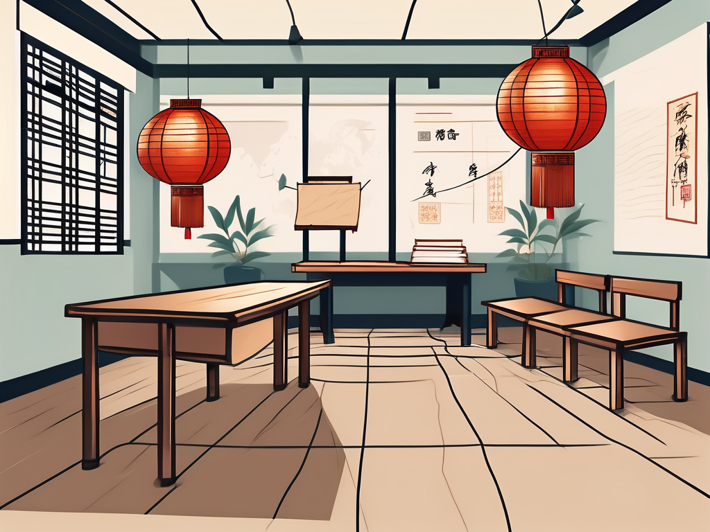 A classroom setting with traditional chinese elements like lanterns and bamboo