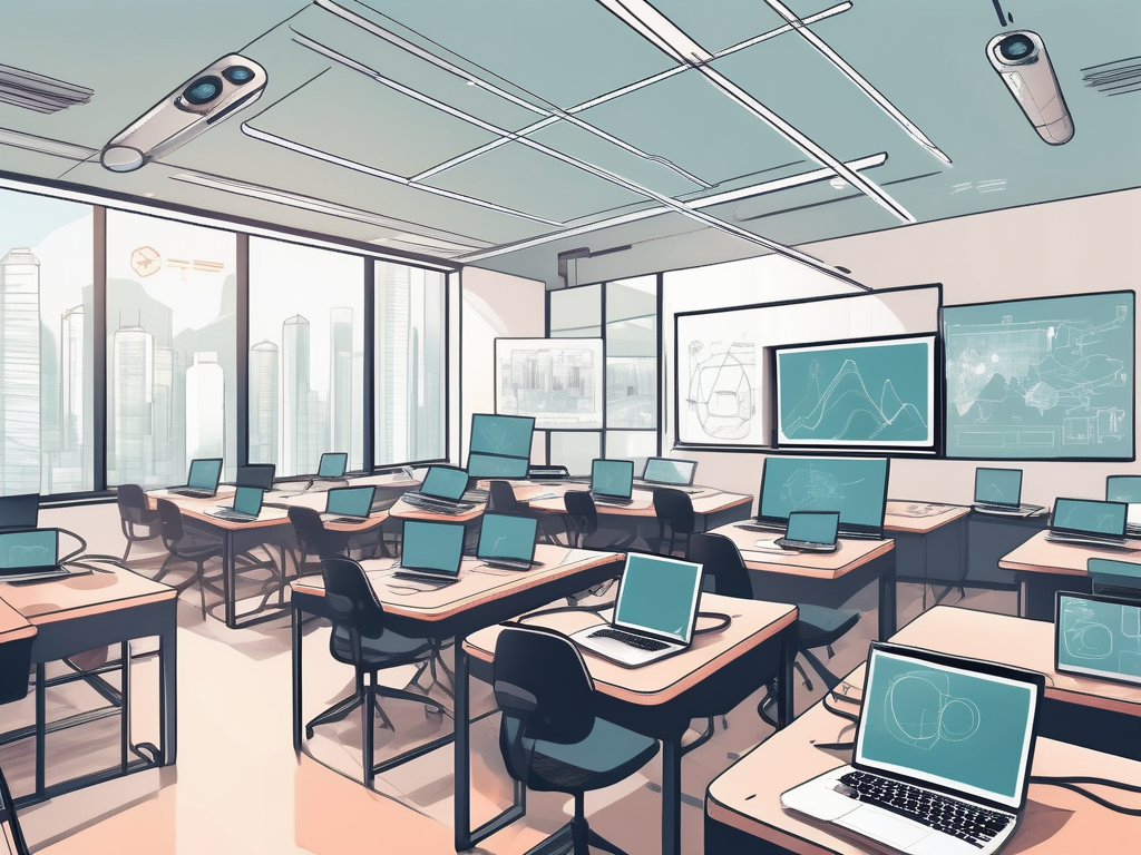 A modern hong kong classroom filled with various technological tools such as laptops