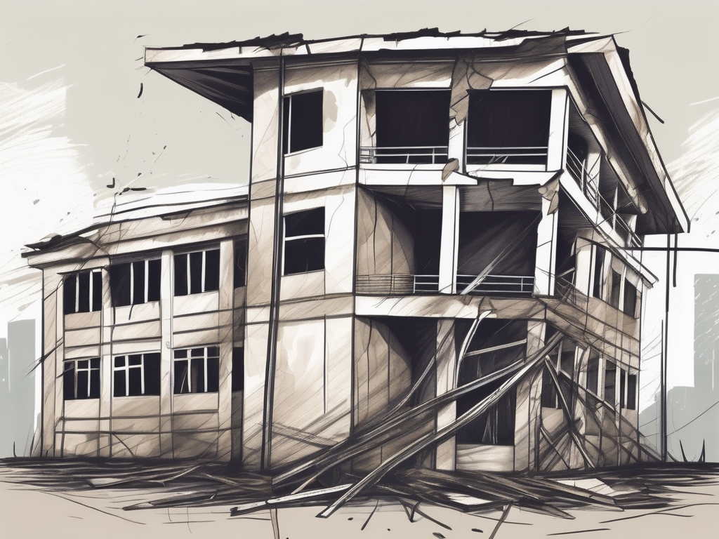 A broken pencil and a dilapidated school building