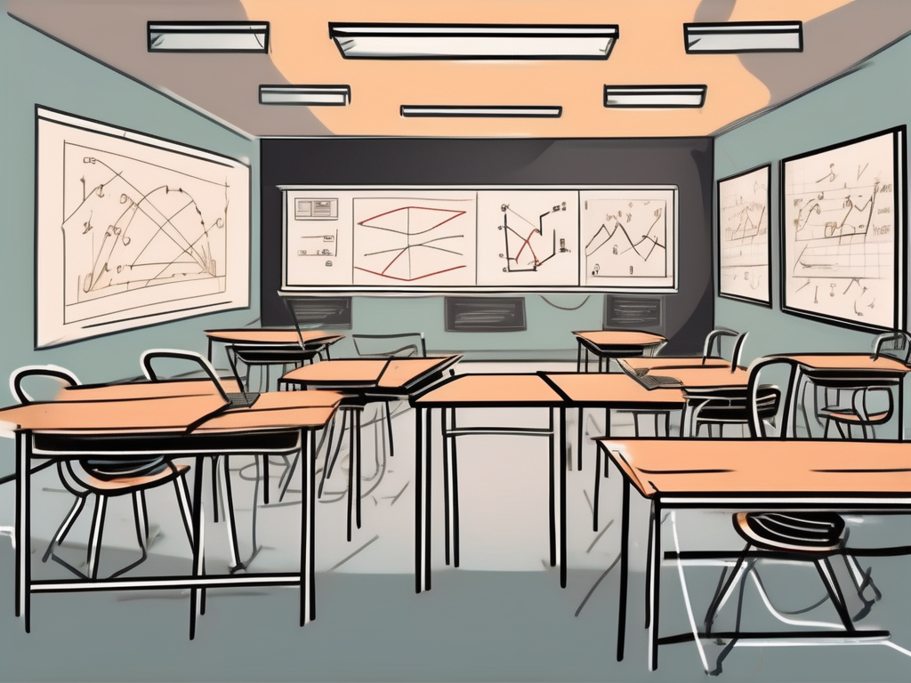 A classroom with empty desks and chairs