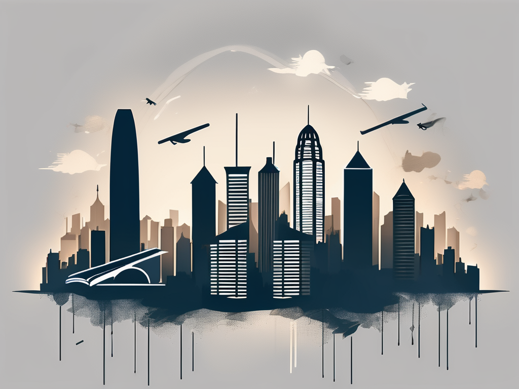 A dimly lit hong kong skyline with silhouettes of various educational elements like books