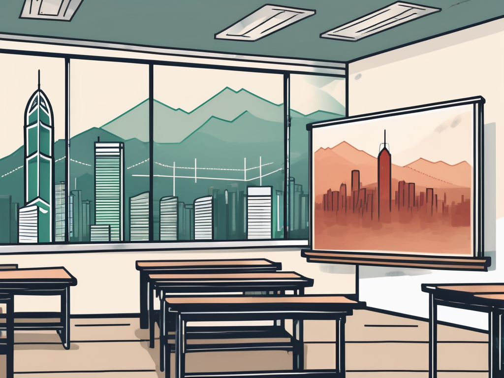 A classroom with views of hong kong's skyline in the background