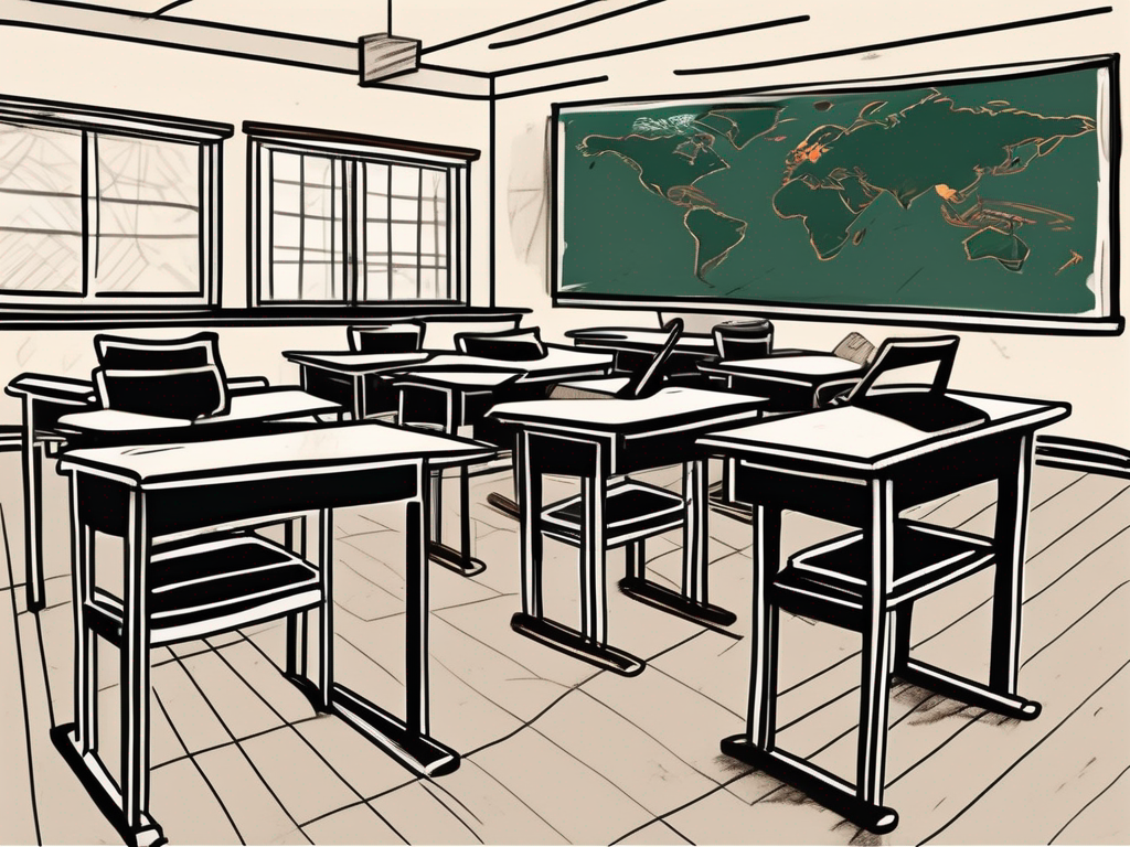 A cambodian classroom with empty desks and chairs