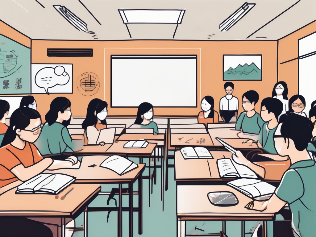 A traditional hong kong classroom with various symbols representing challenges such as a language barrier (represented by speech bubbles with different languages)