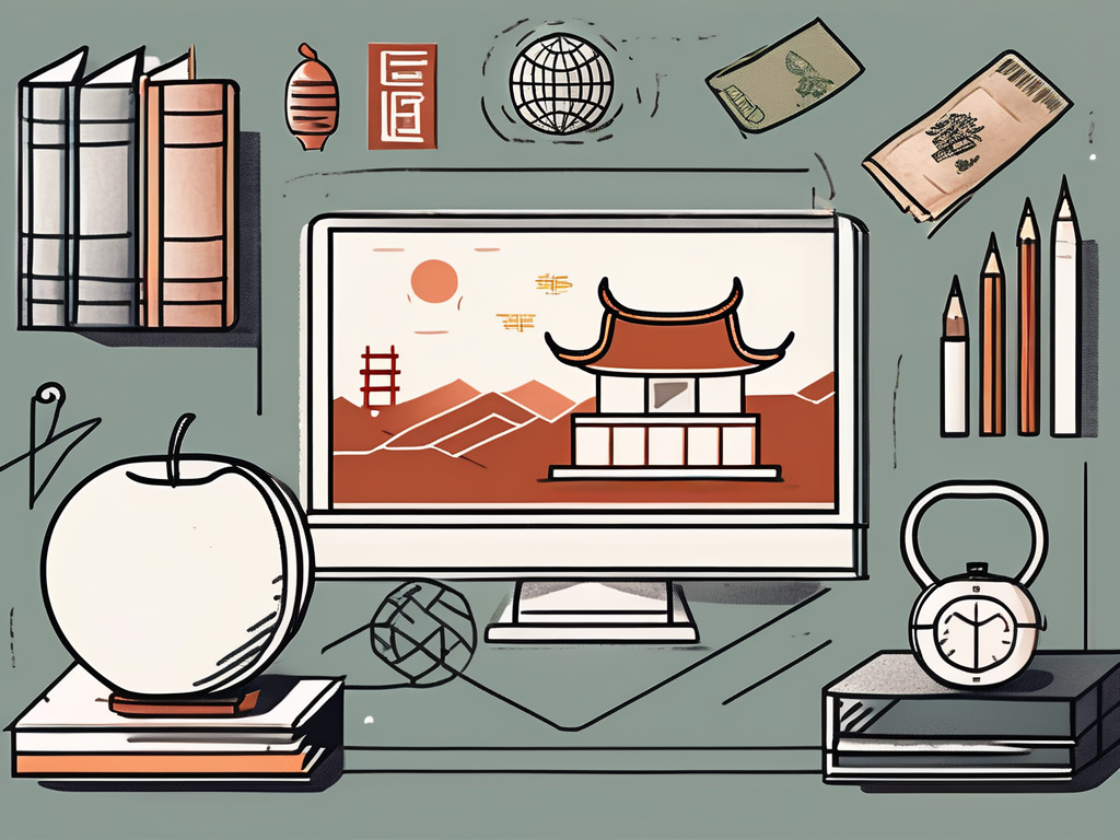 A teacher's desk with various items symbolizing life in china