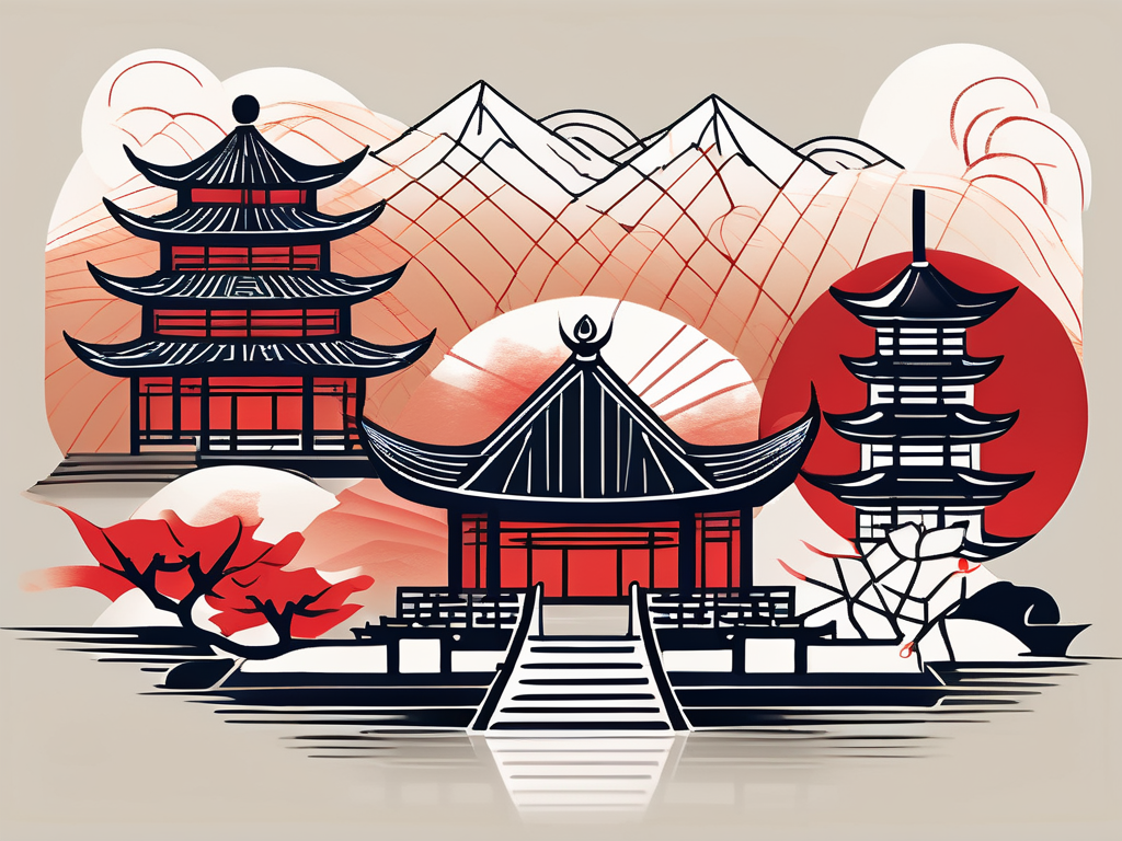 Four symbolic elements representing different aspects of chinese arts and humanities such as a traditional chinese brush for calligraphy